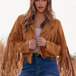 Women's Fringe Faux Suede Leather Jackets 2024 Fashion Tassel Motorcycle Cropped